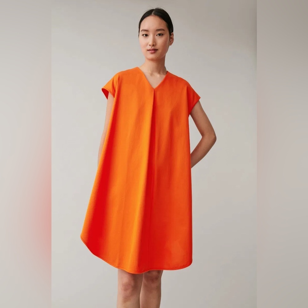 COS Bright Orange Relaxed V-Neck Front Pleat Cotton Jersey Mini Dress Sz S